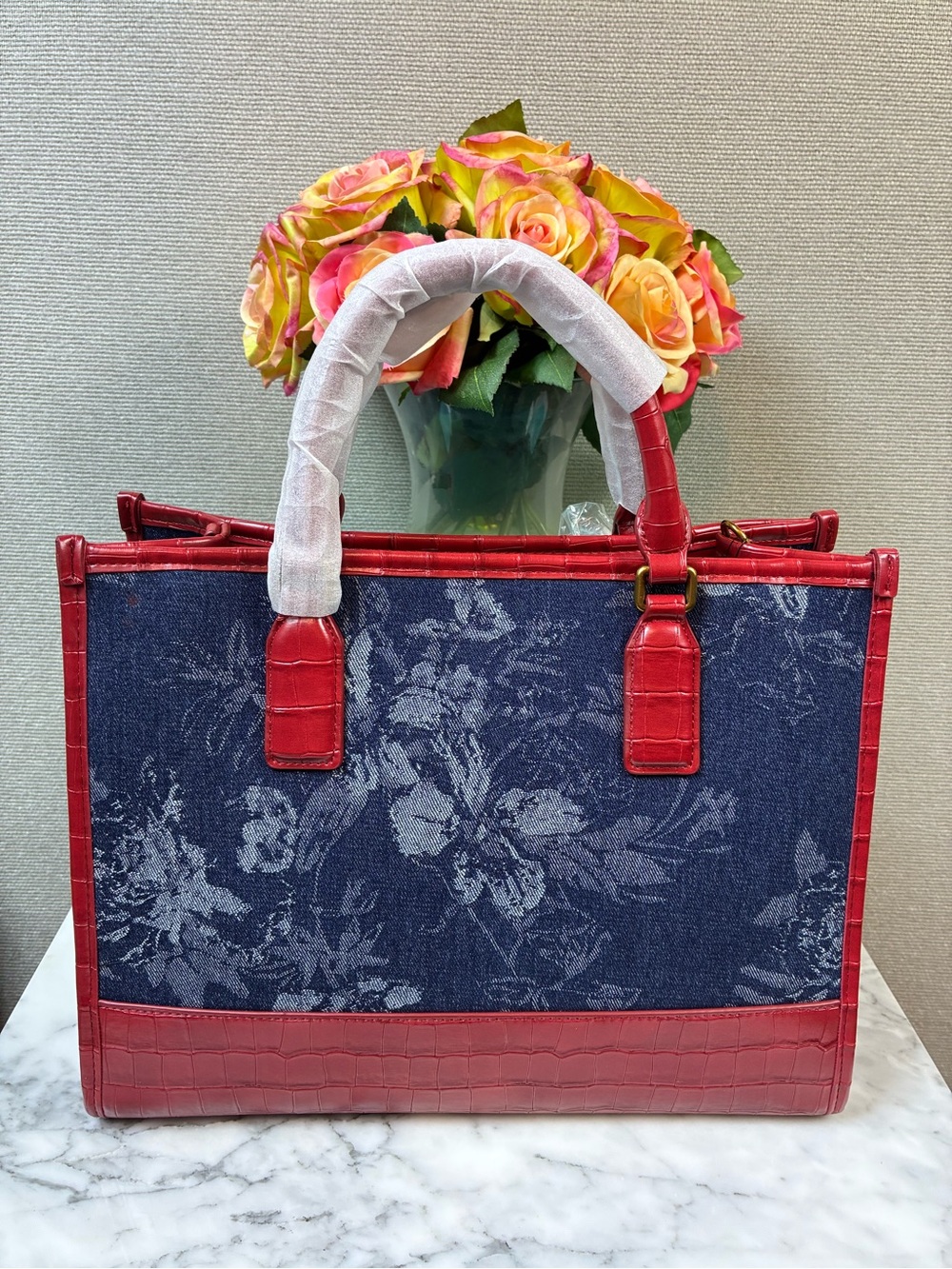 Kurt Geiger Blue Floral Denim & Red Croc Embossed Leather Chiswick Tote - NWT - Picture 6 of 12